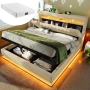 Letto matrimoniale 140x200 cm con LED; USB e Type-C; contenitore idraulico; testiera con ripiani; lino beige; materasso