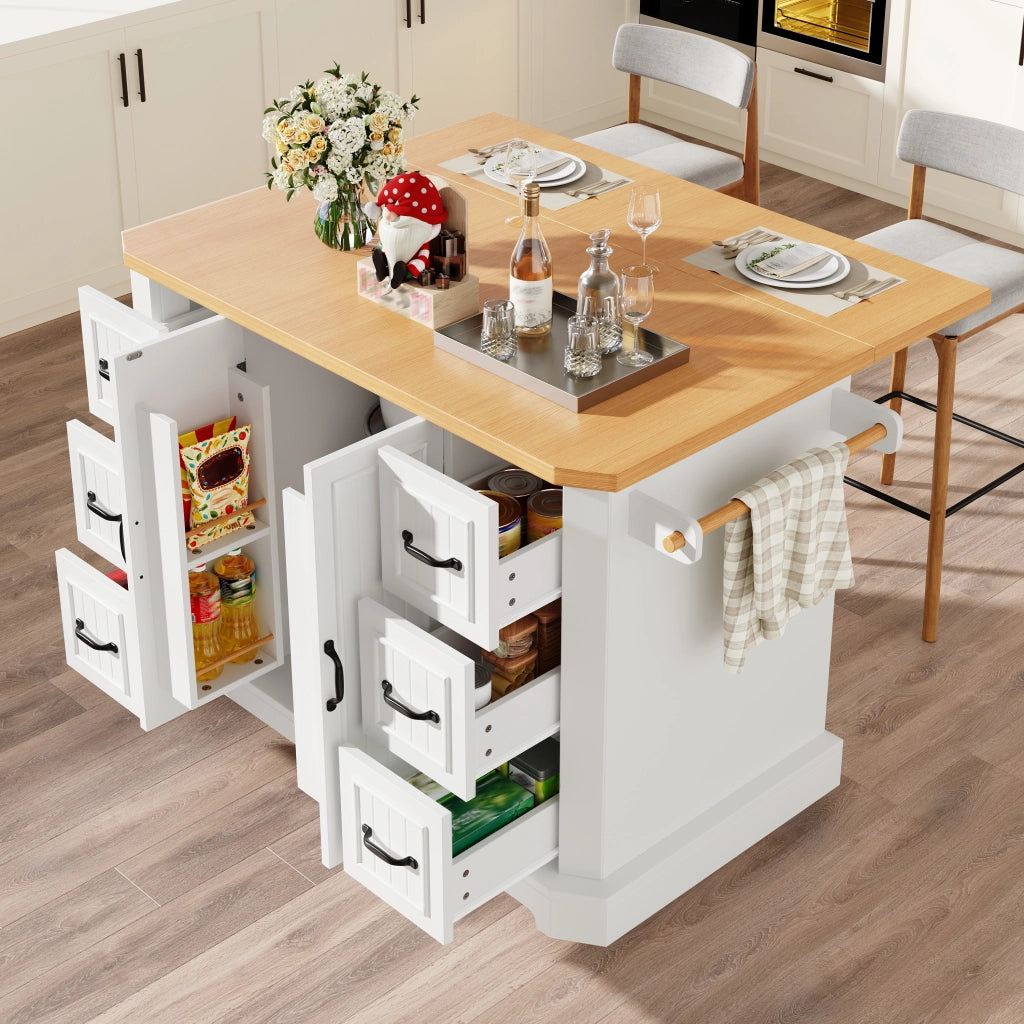 Isola da cucina mobile con 2 ante e 6 cassetti su 5 ruote in MDF e metallo bianco 120 × 45 × 91 cm