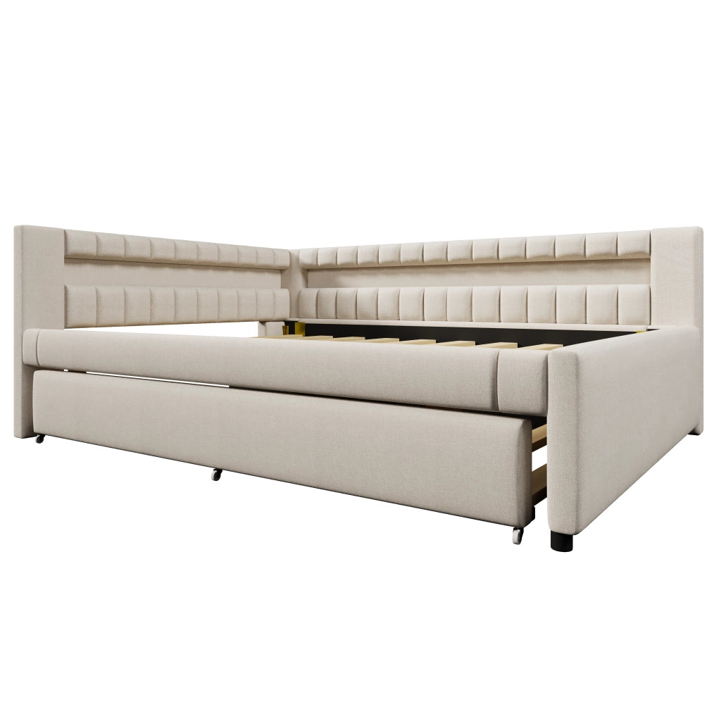 Letto divano 140x200 cm in lino beige con letto estraibile; LED; USB e USB-C