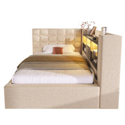 Letto singolo 90 × 200 cm con contenitore idraulico; LED regolabile e USB; materasso incluso; beige