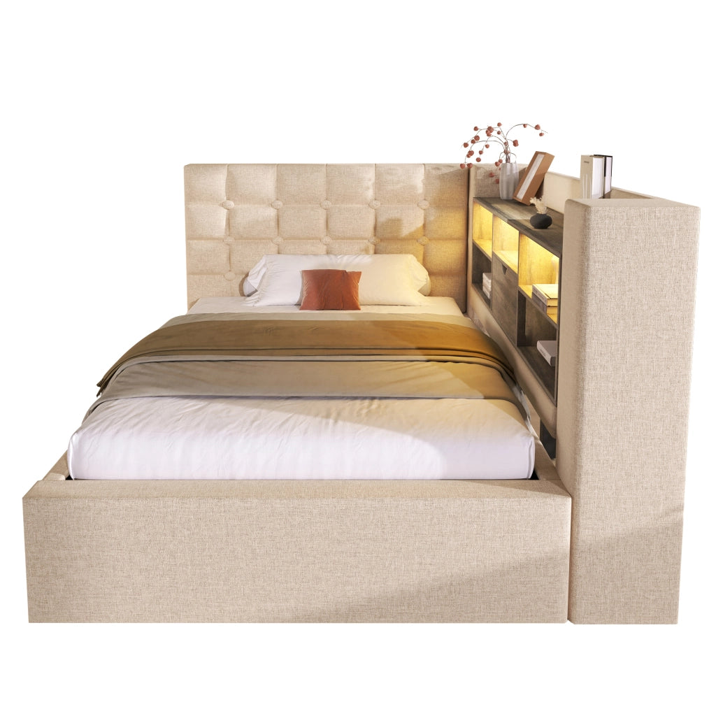 Letto singolo 90 × 200 cm con contenitore idraulico; LED regolabile e USB; materasso incluso; beige