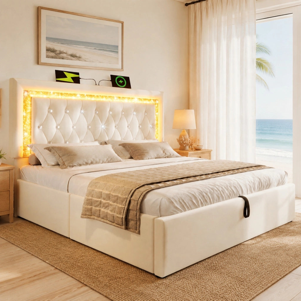 Letto 180x200 cm con LED, USB e contenitore idraulico in velluto beige