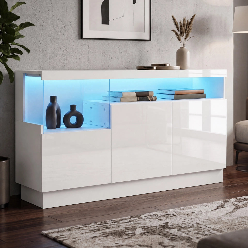 Madia con 3 ante frontali lucidi e vano espositivo in acrilico LED controllato tramite app bianco 140 × 36 × 80 cm
