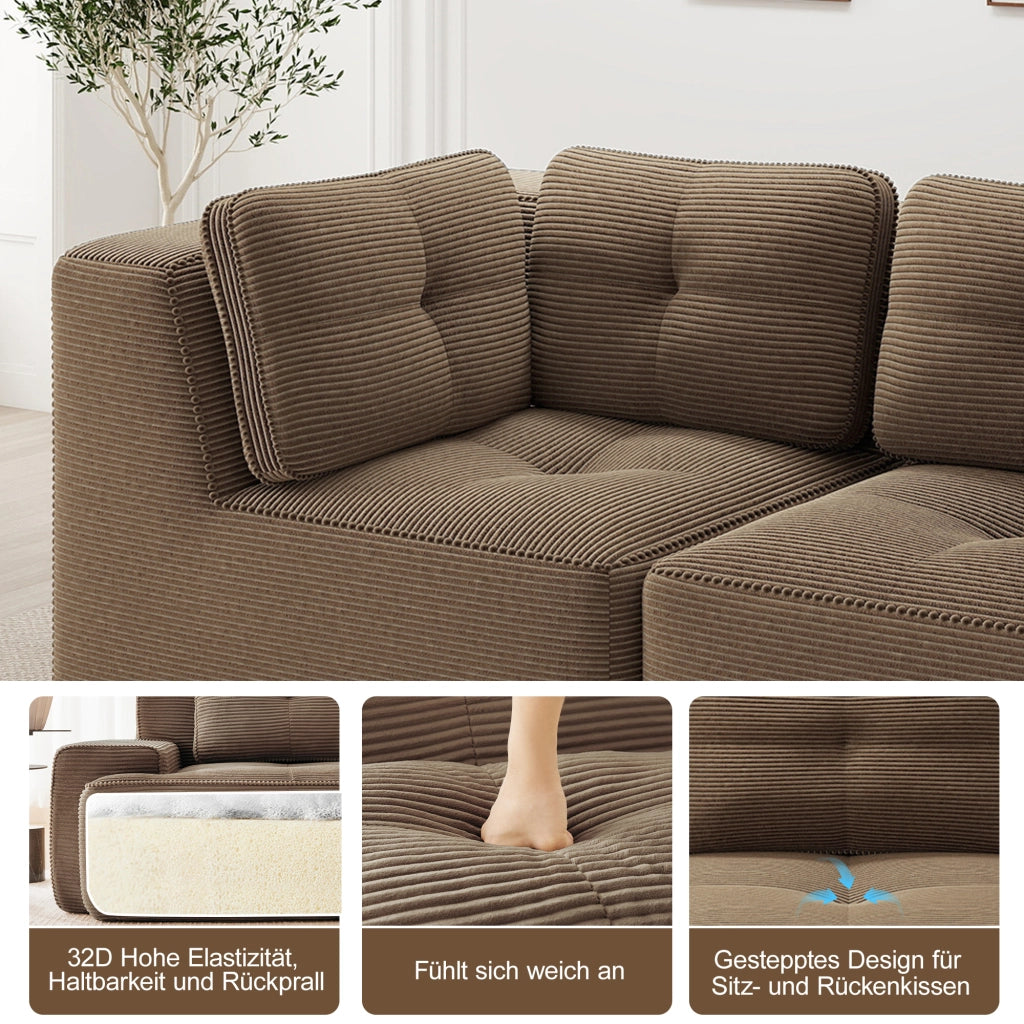 Divano angolare modulare senza struttura con seduta profonda e braccioli larghi in corduroy marrone per soggiorno e camera da letto