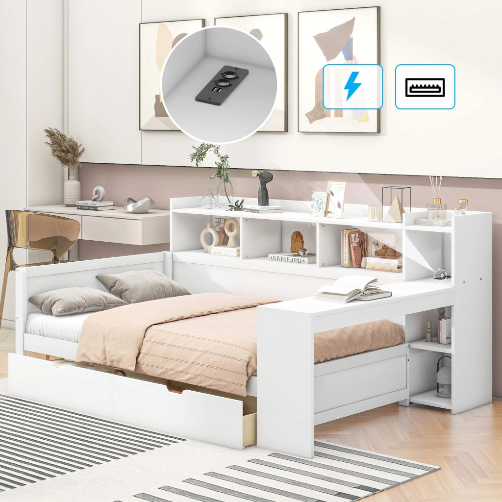 Letto Singolo 90 x 200 cm con USB; prese e 2 cassetti; scrivania in truciolare Bianco