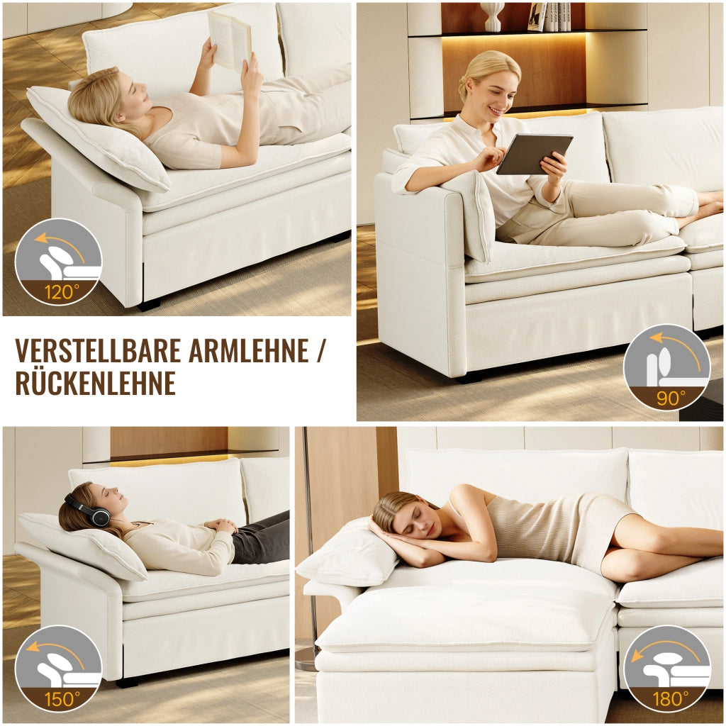 Divano modulare 4 posti - con ricarica wireless; luci e contenitore - chenille - beige