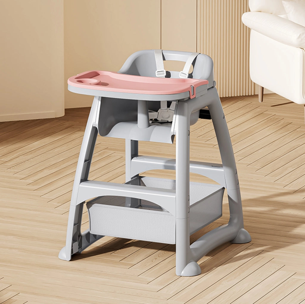 Seggiolone per bambini con vassoio regolabile a 2 livelli e 3 piatti intercambiabili; grigio