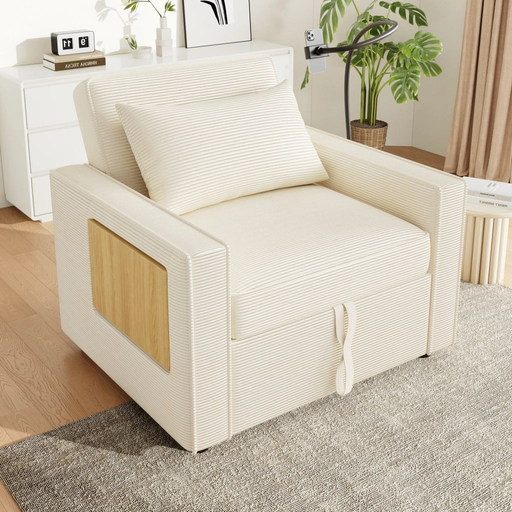 Divano letto 1 posto beige in velluto a coste con USB e Type-C