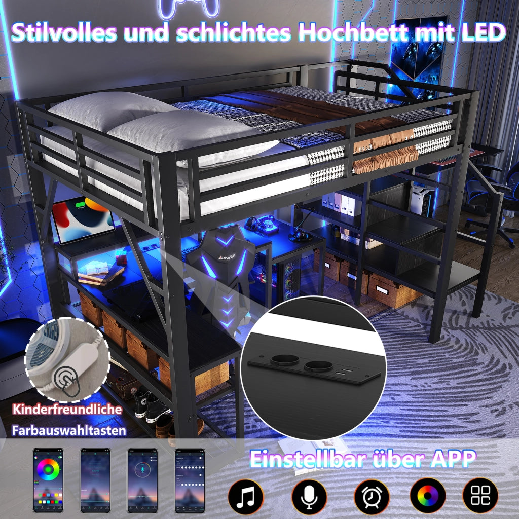 Letto a soppalco 140 × 200 cm con scrivania LED USB vani contenitore e ripiani in metallo e MDF nero