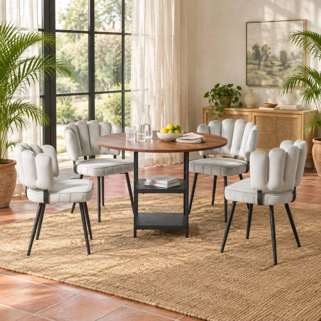 Set tavolo da pranzo rotondo Ø107 cm con 4 sedie in tessuto grigio chiaro e ripiani HOMVRA