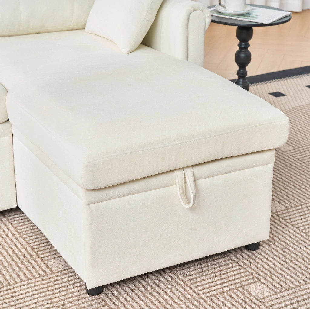 Divano angolare a U con funzione letto e contenitore, ampio divano letto beige in tessuto chenille per soggiorno o camera ospiti