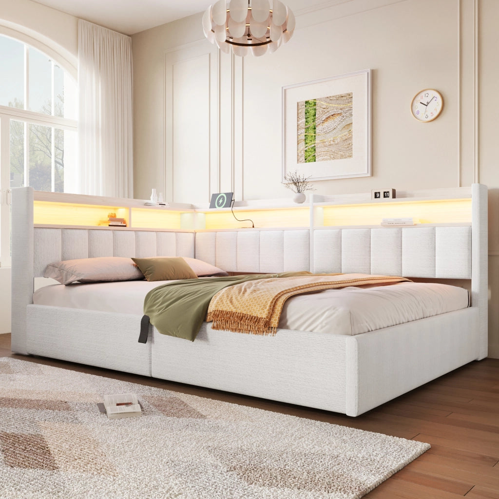 Letto contenitore 140 x 200 cm con contenitore idraulico, LED e USB-A/Type-C, letto imbottito in velluto bianco crema con vani laterali reversibili