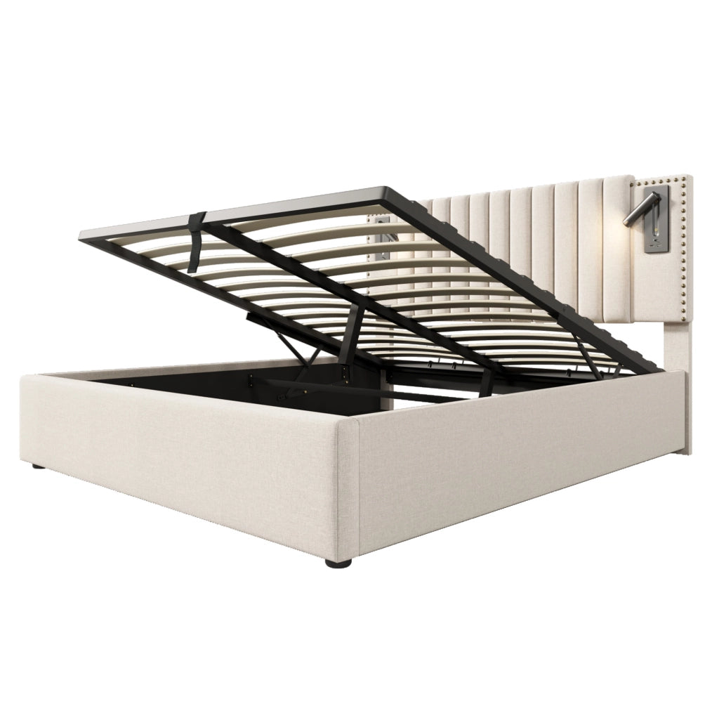 Letto matrimoniale contenitore 180x200 cm beige con luci da lettura e ricarica USB HOMVRA