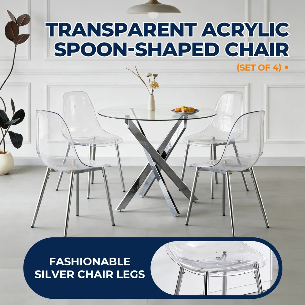 Set 4 Sedie a Cucchiaio in PET Acrilico Trasparente, Gambe Argento Eleganti, Design Moderno Chic per Sala da Pranzo
