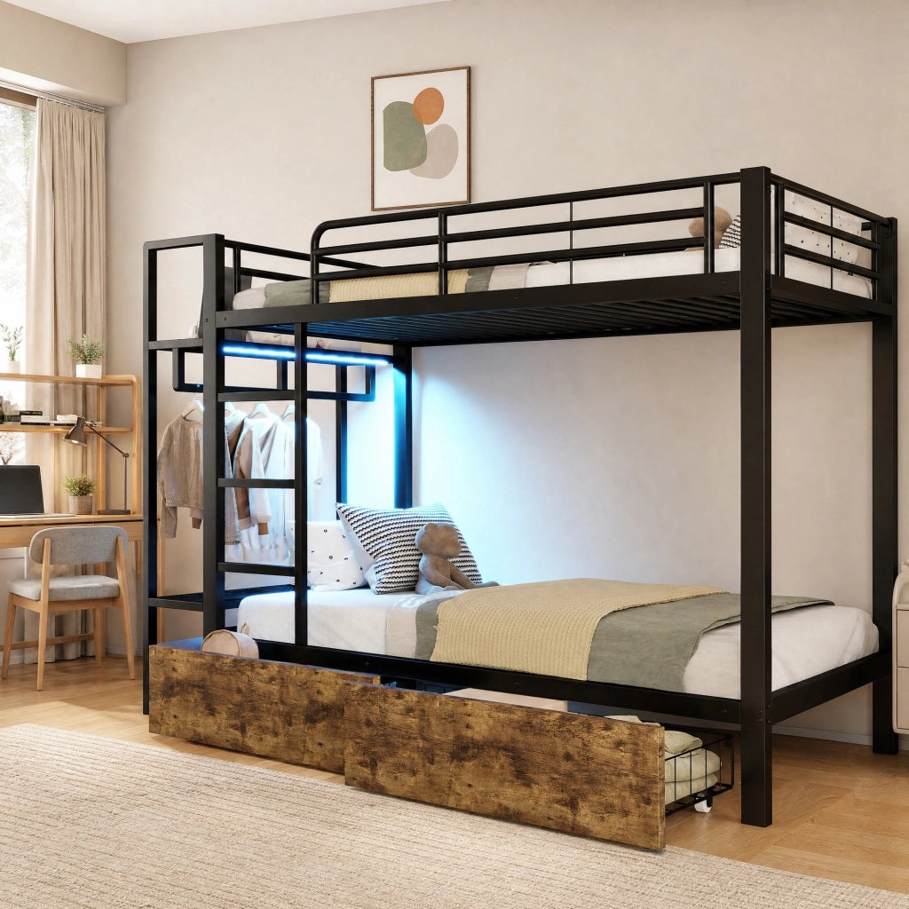 Letto a castello 90x200 cm con LED; 2 cassetti e ripiani in metallo e MDF nero