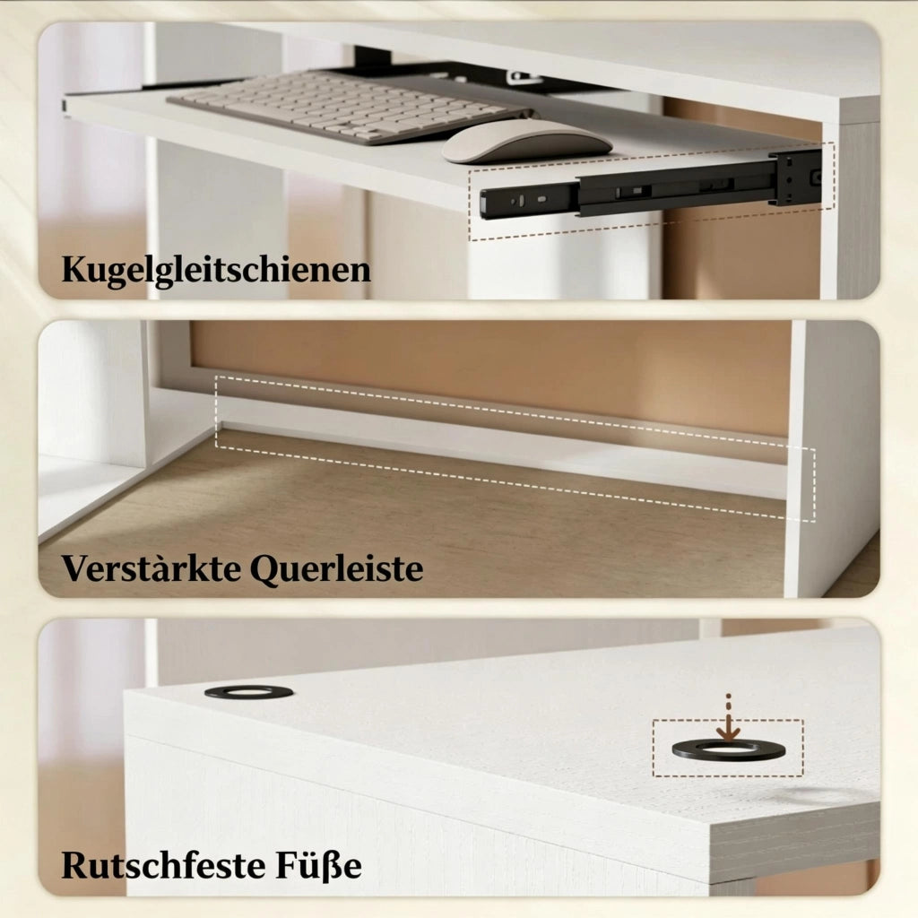 Scrivania angolare con ripiani a S e vassoio tastiera in pannello truciolare bianco effetto legno 120 × 100 × 76 cm