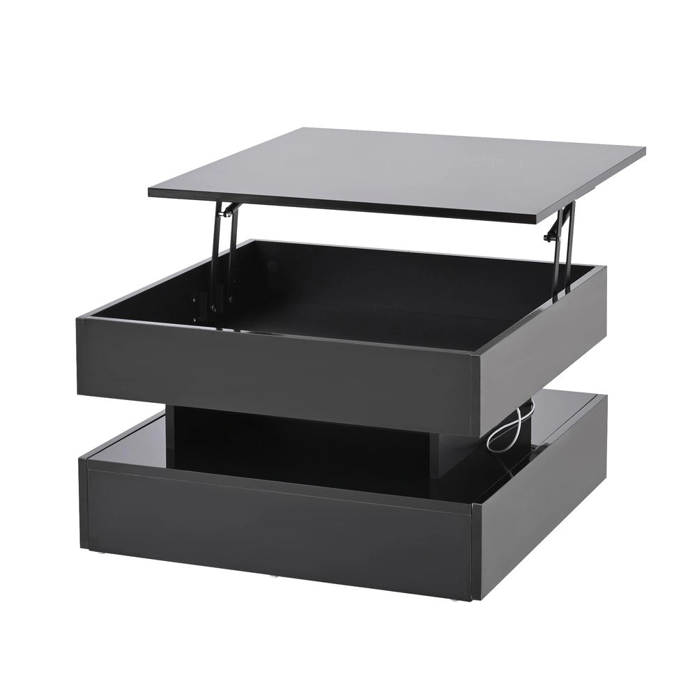 Tavolino da Salotto con LED e 2 Cassetti ¨C MINIMAL ¨C Nero Lucido 65x65x38.5