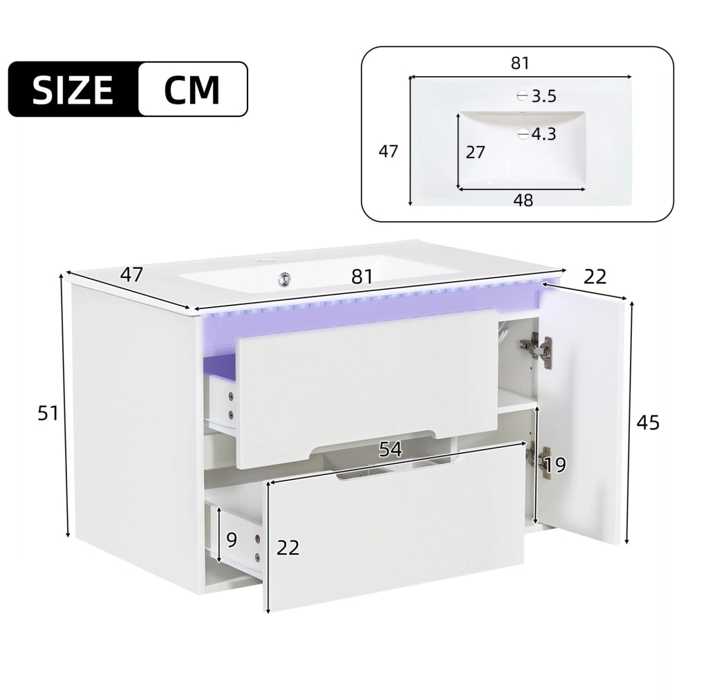 Mobile sottolavabo sospeso 81 cm in MDF con lavabo in ceramica e LED bianco