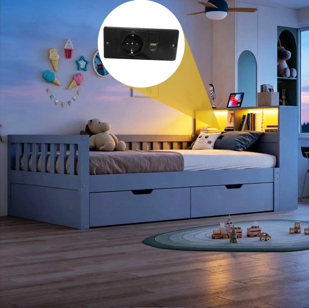 Letto multifunzione in legno con contenimento, LED e prese