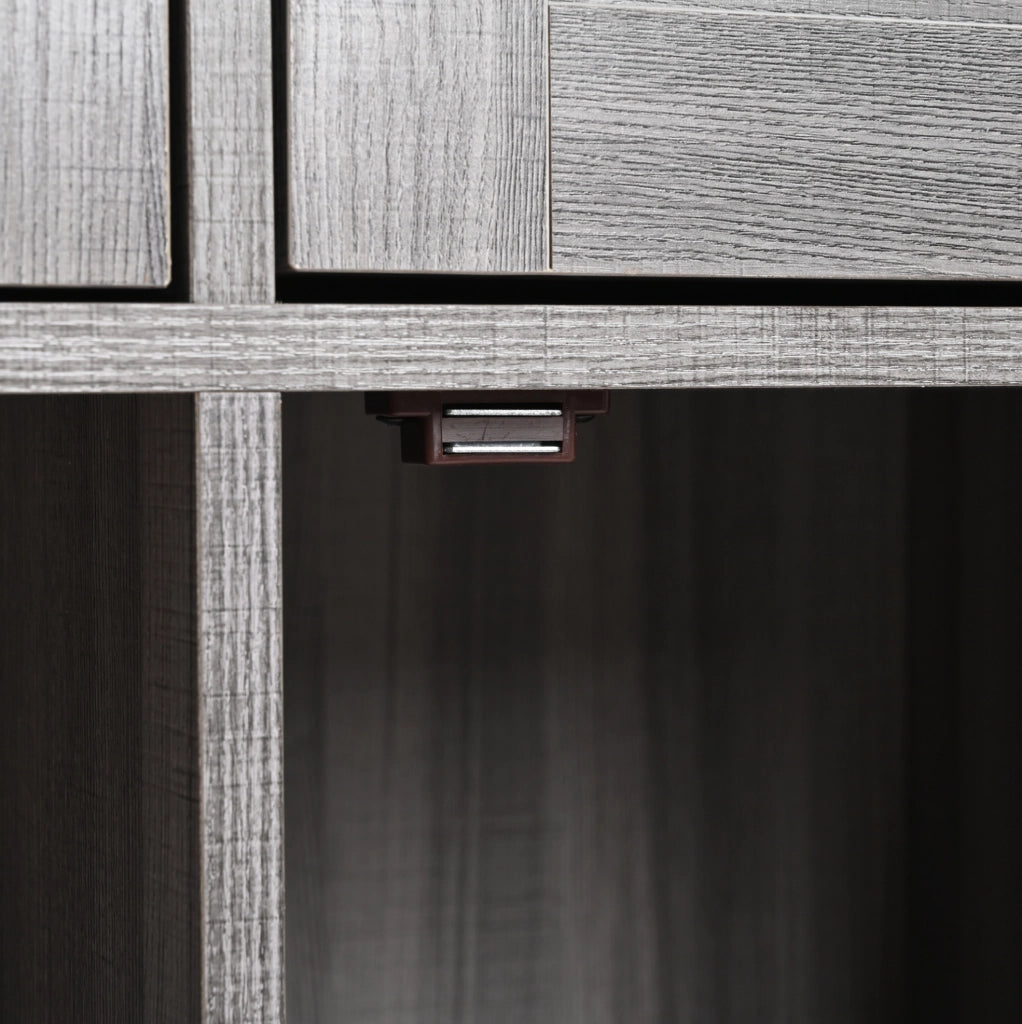 Carrello cucina multifunzione 139x46(71)x91,5 cm con ripiani interni, piano pieghevole e finitura effetto legno grigio e marmo bianco