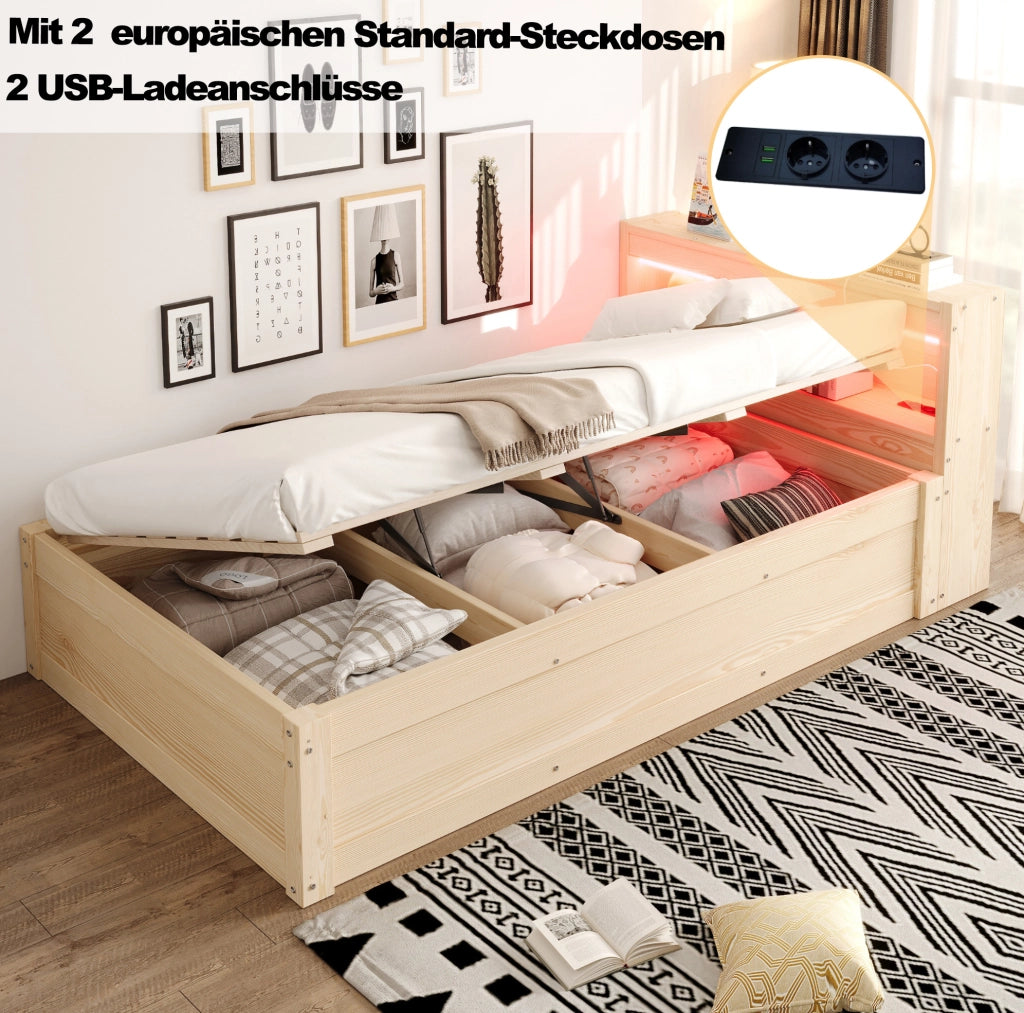 Letto singolo multifunzione in legno massello 90x200 cm con presa elettrica, LED colorati e contenitore idraulico