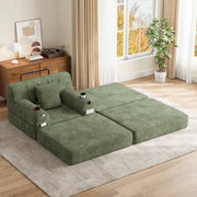Letto a sedile convertibile 1 con pouf; schienale alto; portabicchieri 2 e tasche laterali 4; velluto a coste; verde