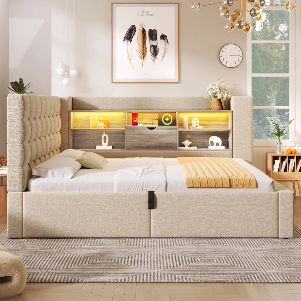 Letto contenitore 90 × 190 cm con testiera a L reversibile LED porte USB e USB-C rivestito in lino beige