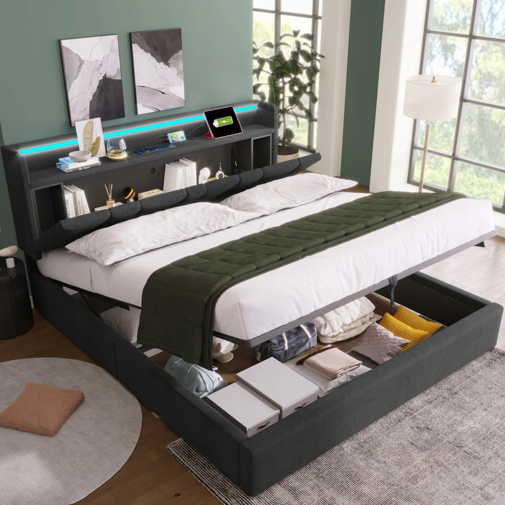 Letto imbottito con LED e USB - Xylo - 140x200 - Grigio