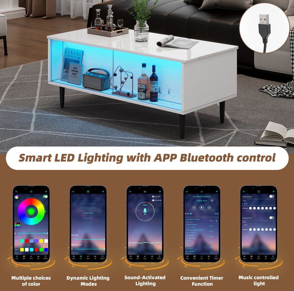 Tavolino da caffè sollevabile con LED e vano contenitore