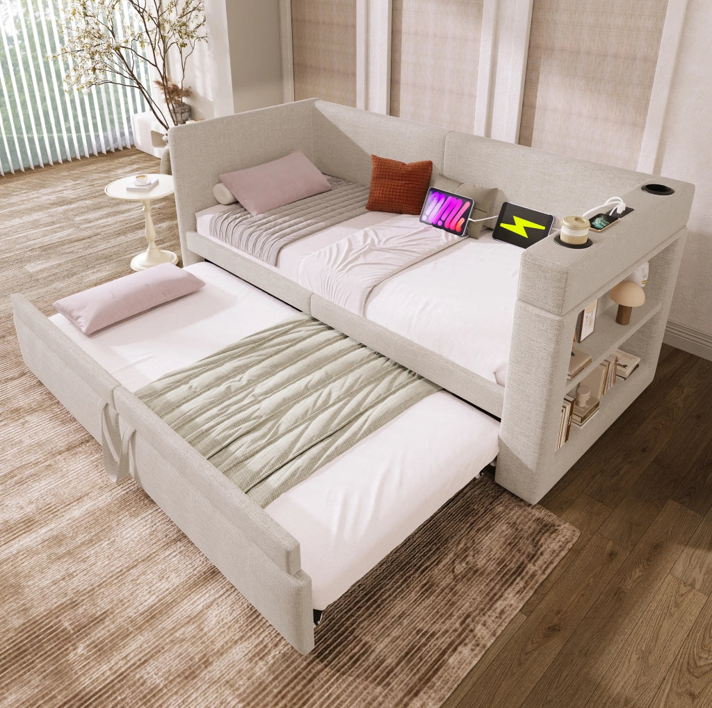 Divano letto estraibile 90x200 cm beige con USB, Type-C, portabicchieri e ripiani