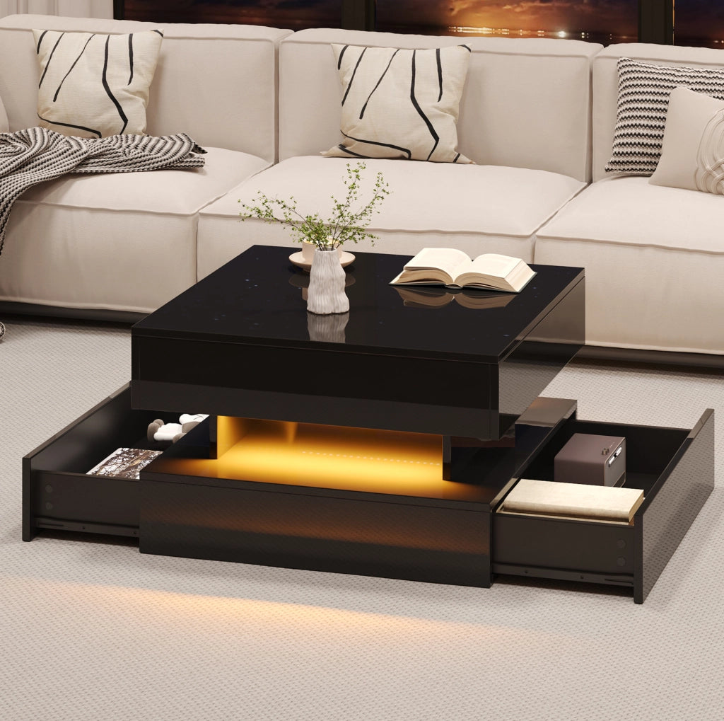 Tavolino sollevabile quadrato nero con luce a LED e contenitore