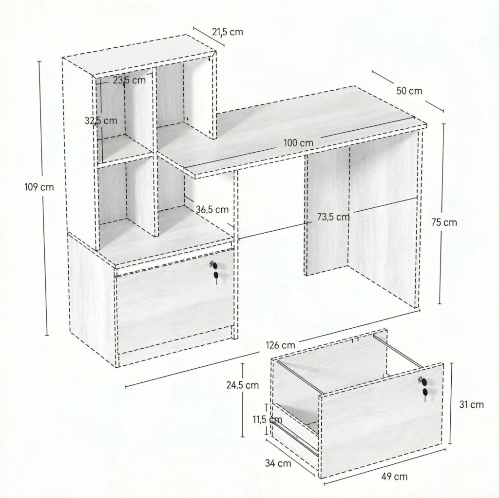 Scrivania per computer con libreria a 4 scomparti e cassetto chiudibile, colore quercia e bianco, 126x50x109 cm