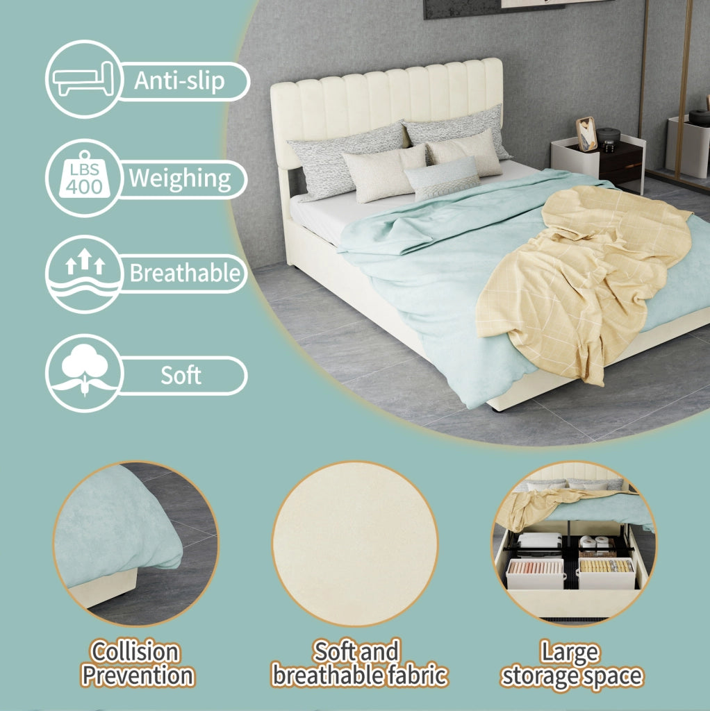 Letto imbottito minimalista beige 140x200 cm con testata morbida e contenitore