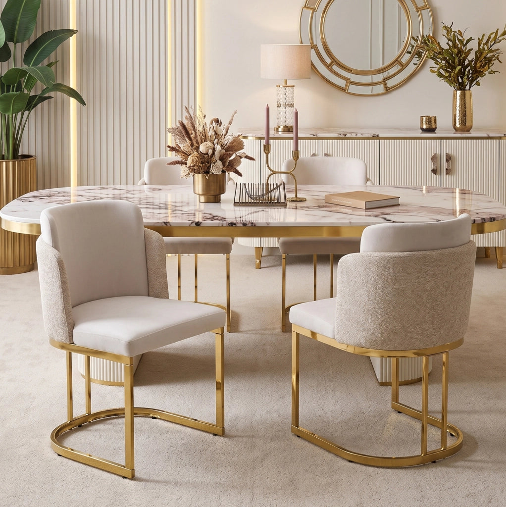 Set di 4 sedie da pranzo in ciniglia beige e oro