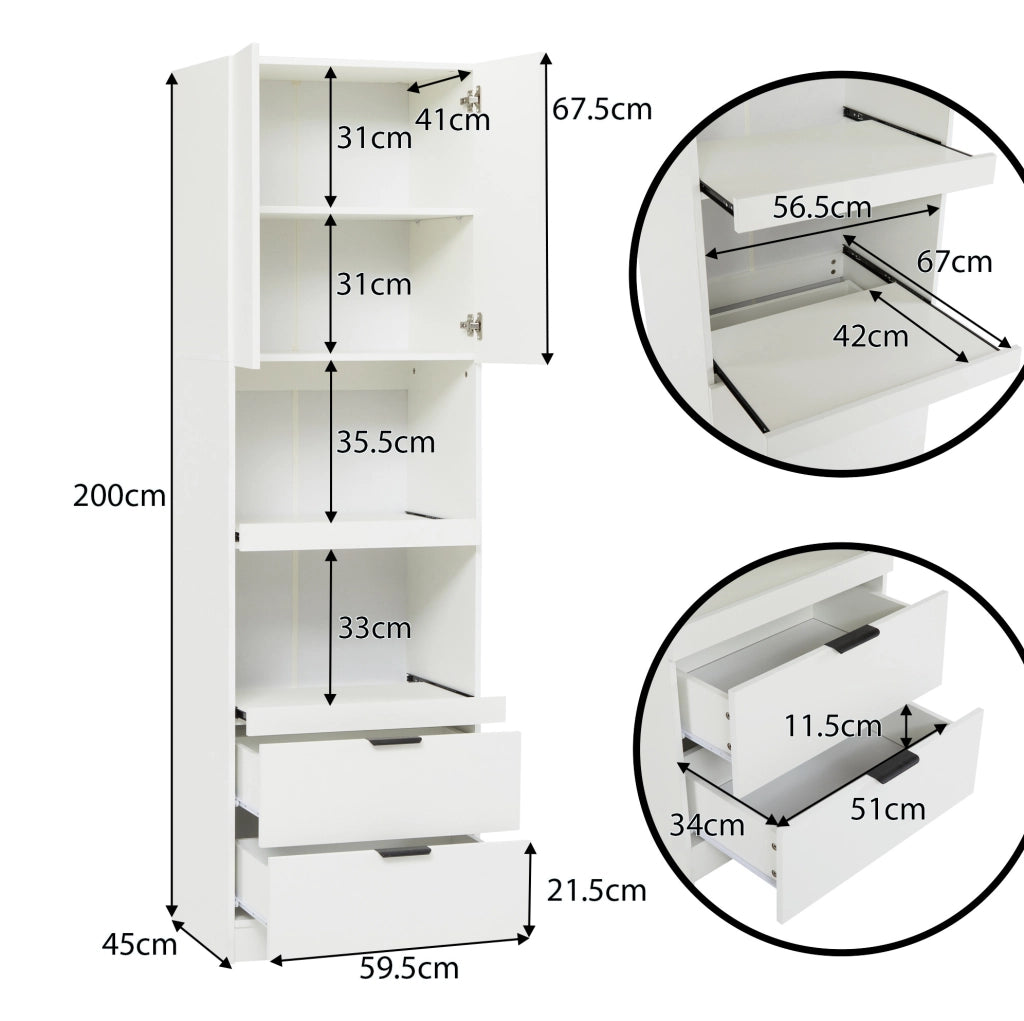 Mobile da cucina 59,5x45x200 cm con 2 cassetti in truciolare e MDF bianco