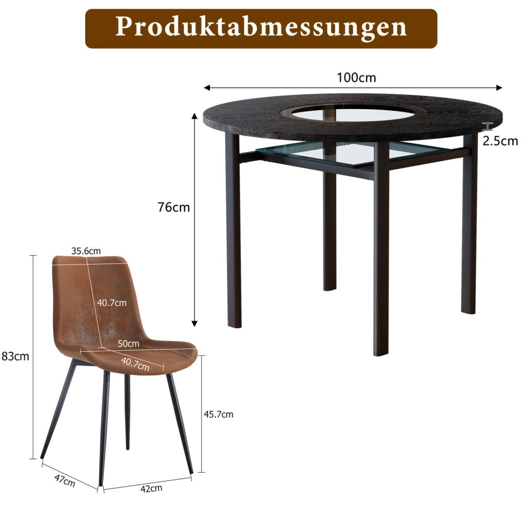 Set tavolo rotondo Ø100 cm con inserto in vetro e 4 sedie in tessuto tecnico marrone