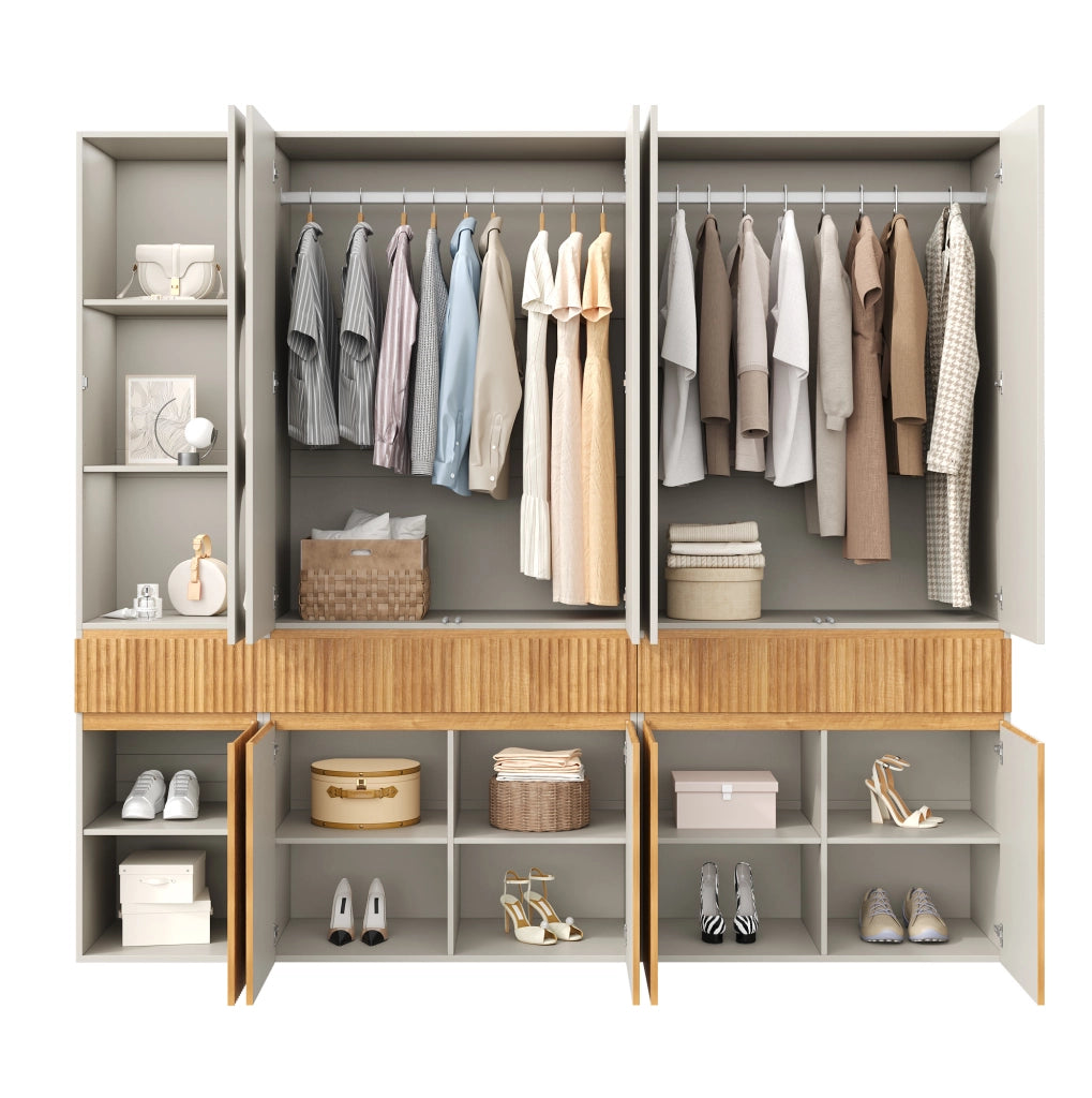 Armadio con ante battenti, 225x50x200 cm, 10 ante, 2 aste appendiabiti, 3 cassetti, effetto rovere chiaro, per camera e ufficio