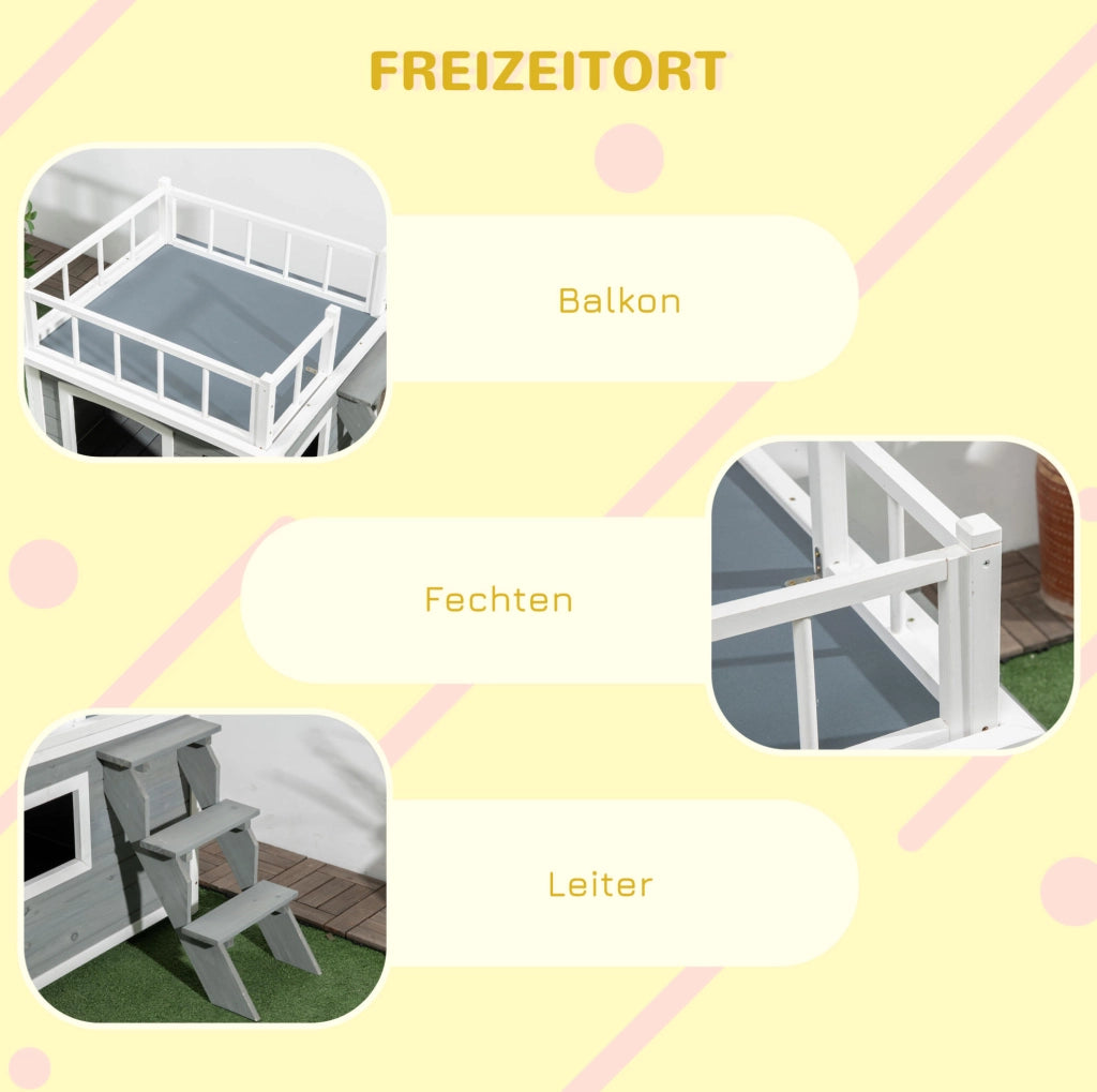 Cuccia rialzata per cani in legno massello di abete con terrazza; grigio chiaro