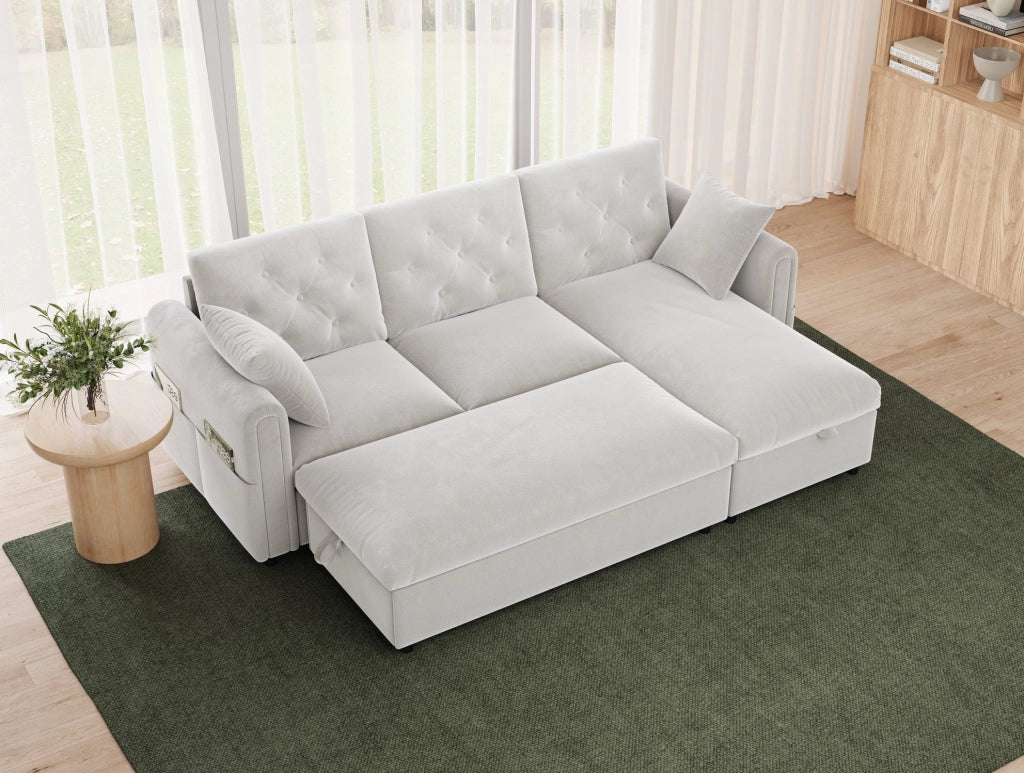 Divano moderno beige con chaise longue reversibile e pouf contenitore, 219 x 131 x 86 cm