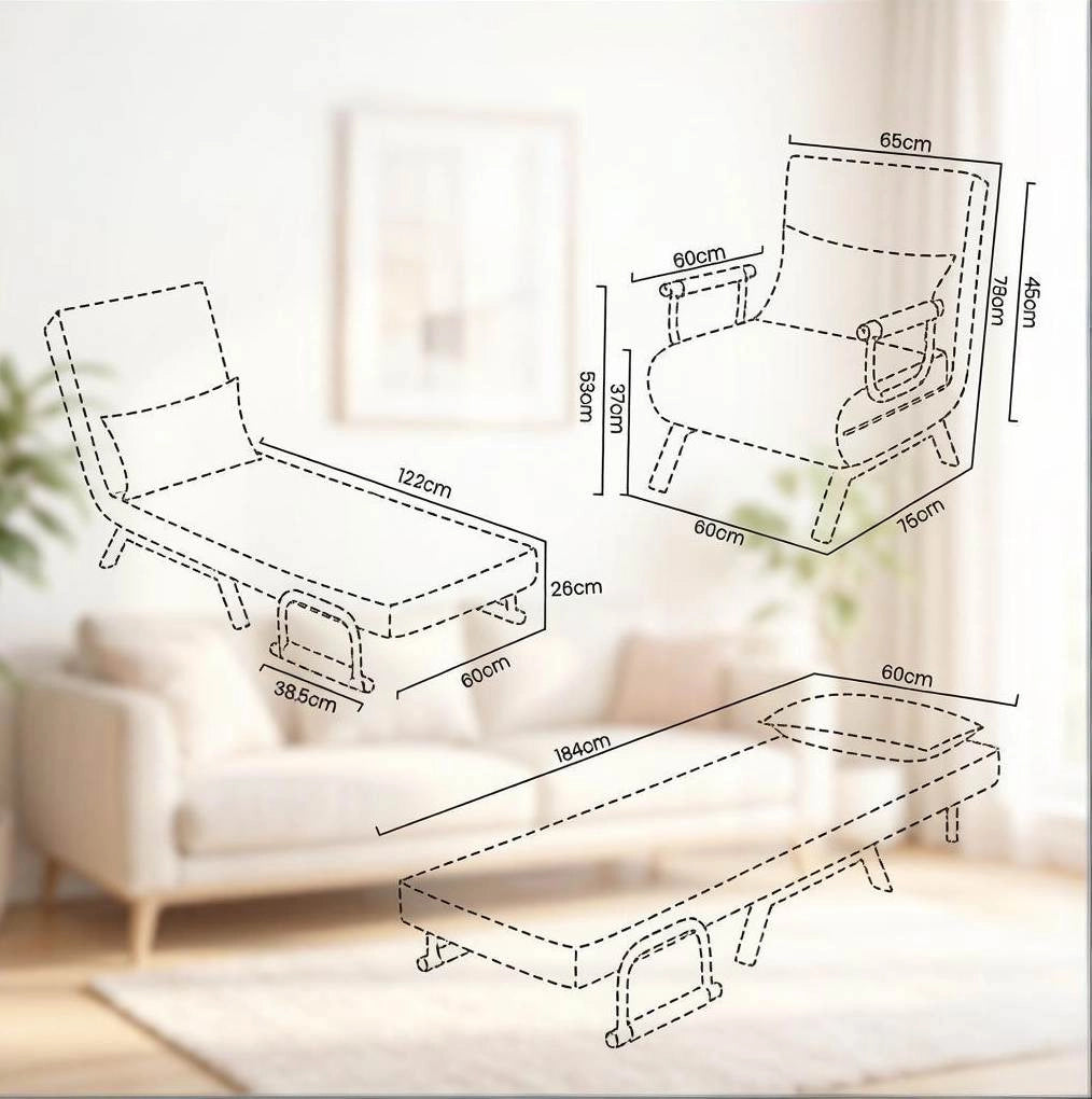 Poltrona letto ULEVR 3 in 1 blu con schienale regolabile in 5 posizioni, struttura in metallo, portata 150 kg