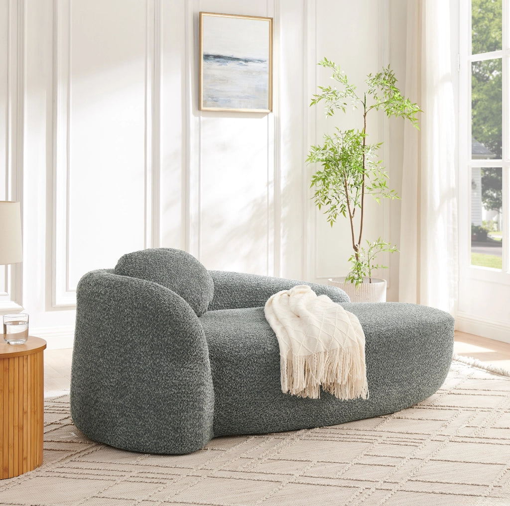 Divano minimalista grigio in tessuto Teddy, imbottitura in schiuma ad alta elasticità, design arrotondato per soggiorno e camera da letto