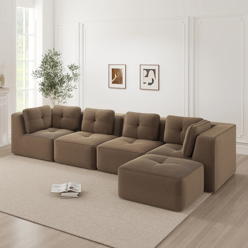 Divano modulare 386x177x69 cm in velluto a coste marrone, senza montaggio