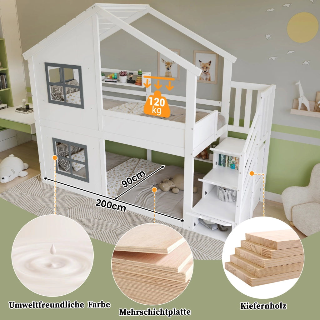 Letto a castello per bambini 90 × 200 cm con scale contenitore in legno MDF bianco e grigio con tetto e finestre