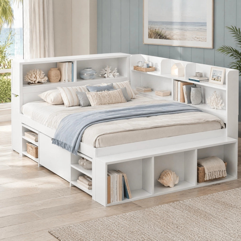 Letto per bambini 140x200 cm con cassetto, libreria e armadi contenitori in compensato bianco