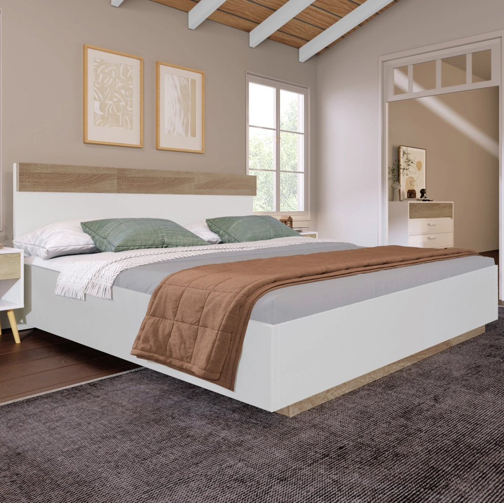Letto matrimoniale sospeso in legno con testiera, 160x200 cm, colore Sonoma Eiche e bianco
