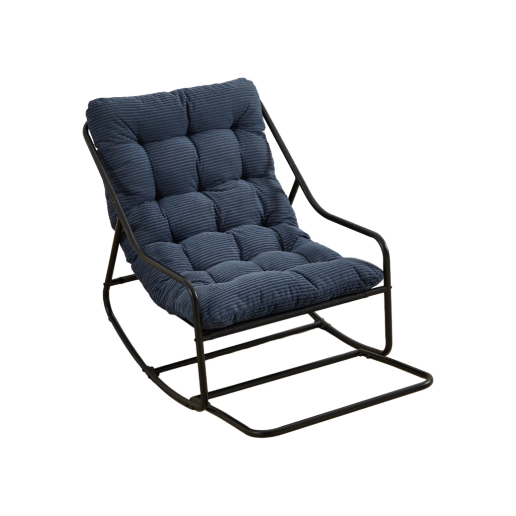 Sedia a Dondolo da Esterno con Cuscino Spesso e Morbido, Telaio Nero e Cuscino Blu Navy, 75x116x82 cm