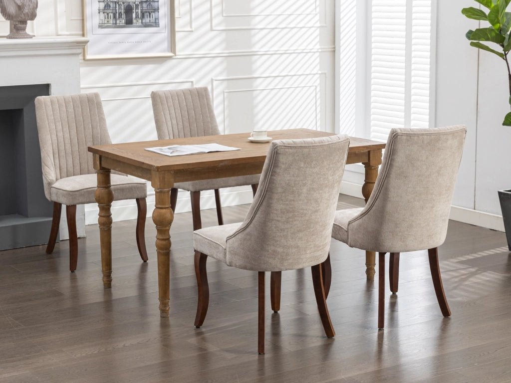 Sedia da sala da pranzo imbottita in ciniglia con schienale alto, gambe in legno massello e piedini regolabili beige