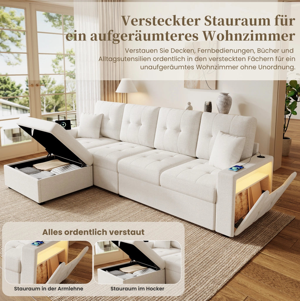 Divano 4 posti con pouf contenitore, USB e Type-C, LED, beige