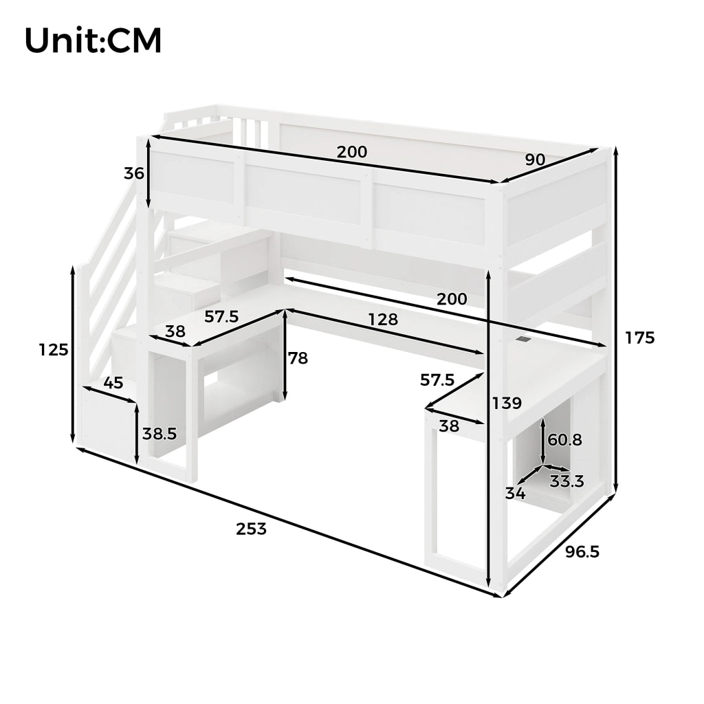 Letto a soppalco 90 × 200 cm con scrivania scala con vani MDF e compensato bianco LED USB