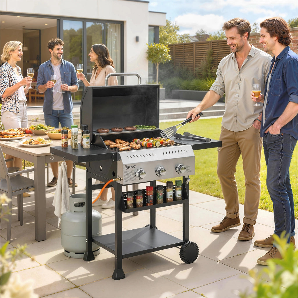 Barbecue a Gas 3 Fuochi 9 KW ¨C Xylo ¨C Acciaio Inox con Ripiano Laterale Pieghevole e Ganci